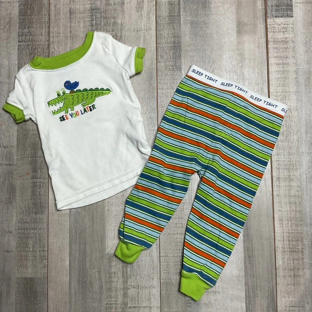 Faded Glory Boys Organic Cotton Alligator Pajama Set White Green Striped 6-9M